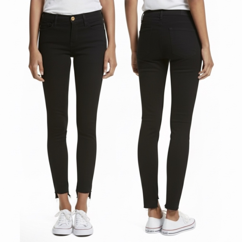 FRAME Le High Skinny Jeans Size 24 Film Noir Black Distressed Frayed Hem
